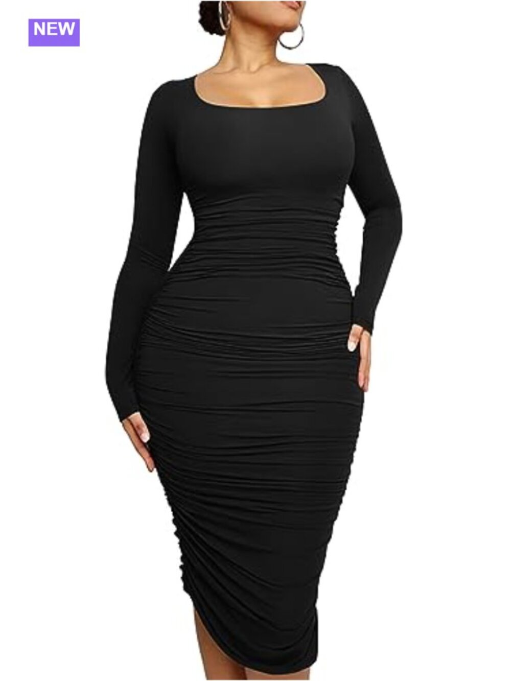Plus Size Bodycon Long Sleeve Scoop Neck Midi Dress Ruched Back Zipper